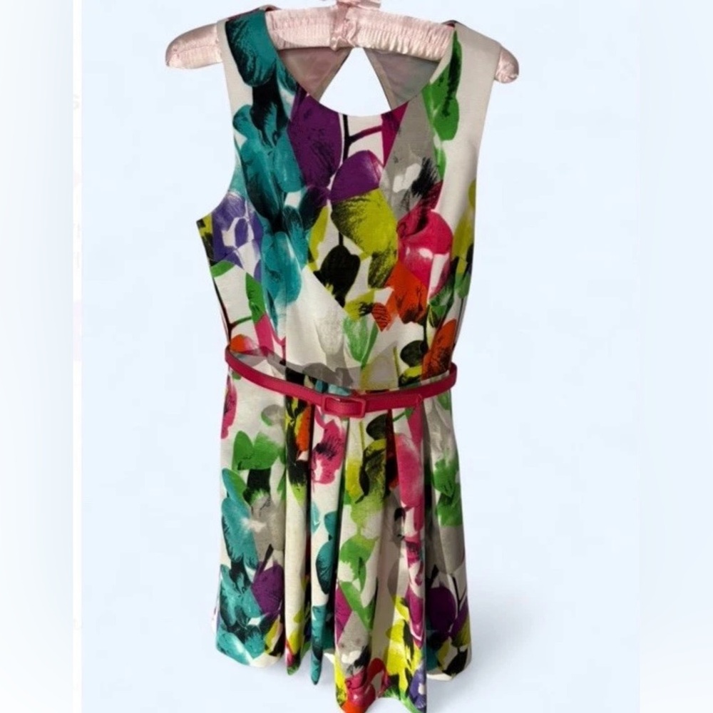 Eliza J. Garden Floral Print Belted Open Back Fit & Flare Midi Dress Women's 6